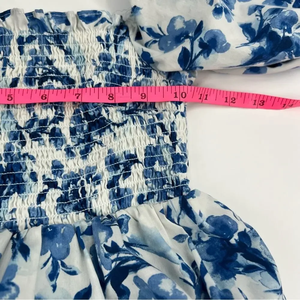 Abercrombie & Fitch smocked bodice midi poplin dress blue white floral toile XSP